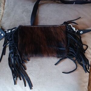 Fringed Faux Fur Crossbody Bag - Black/Brown